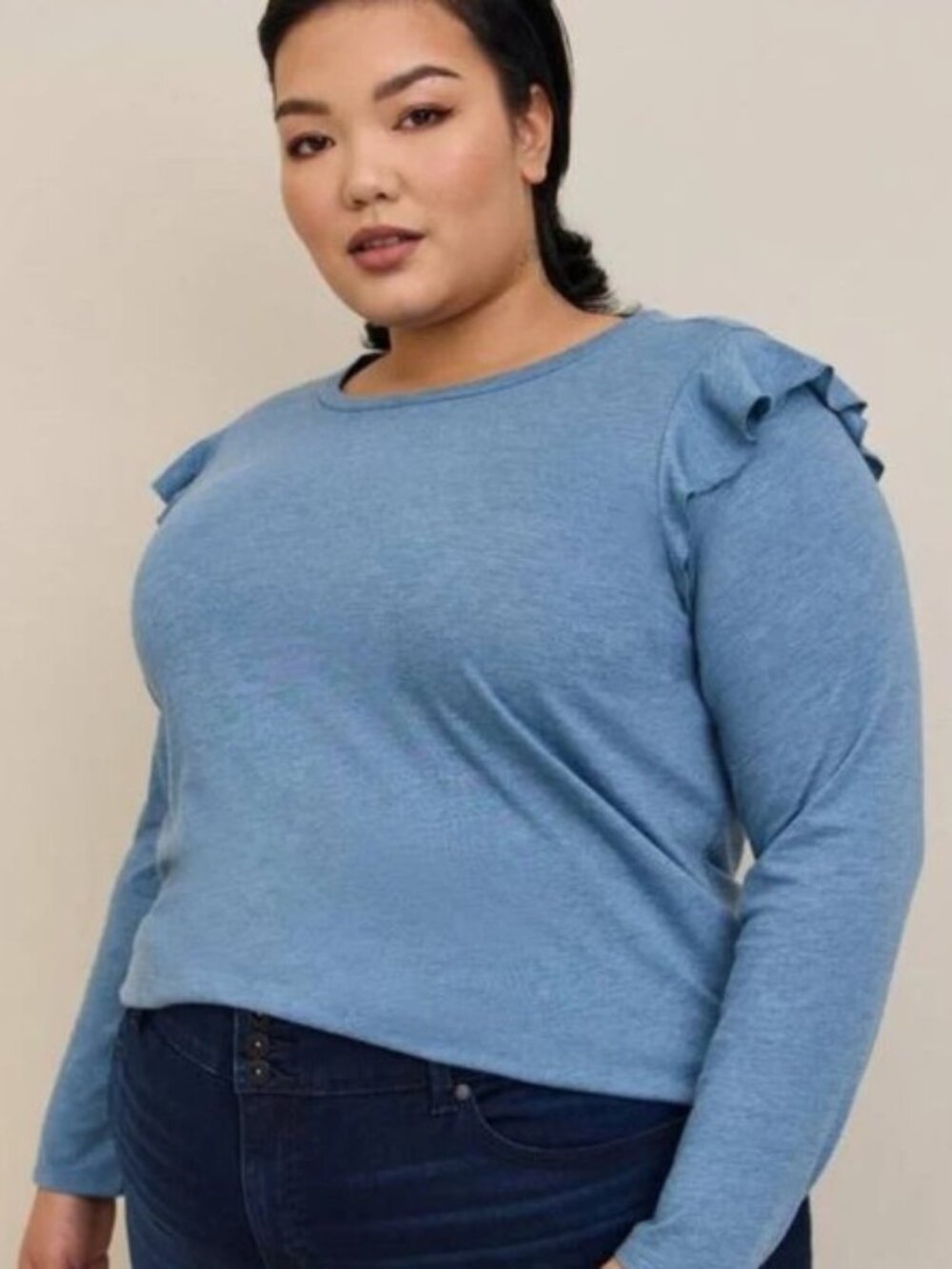 Torrid Blue Jersey Ruffle Shoulder Long Sleeve Top - 2X